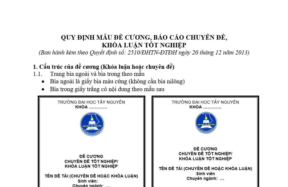 QUY ĐỊNH MẪU ĐỀ CƯƠNG VÀ BÁO CÁO CHUYÊN ĐỀ, KHÓA LUẬN